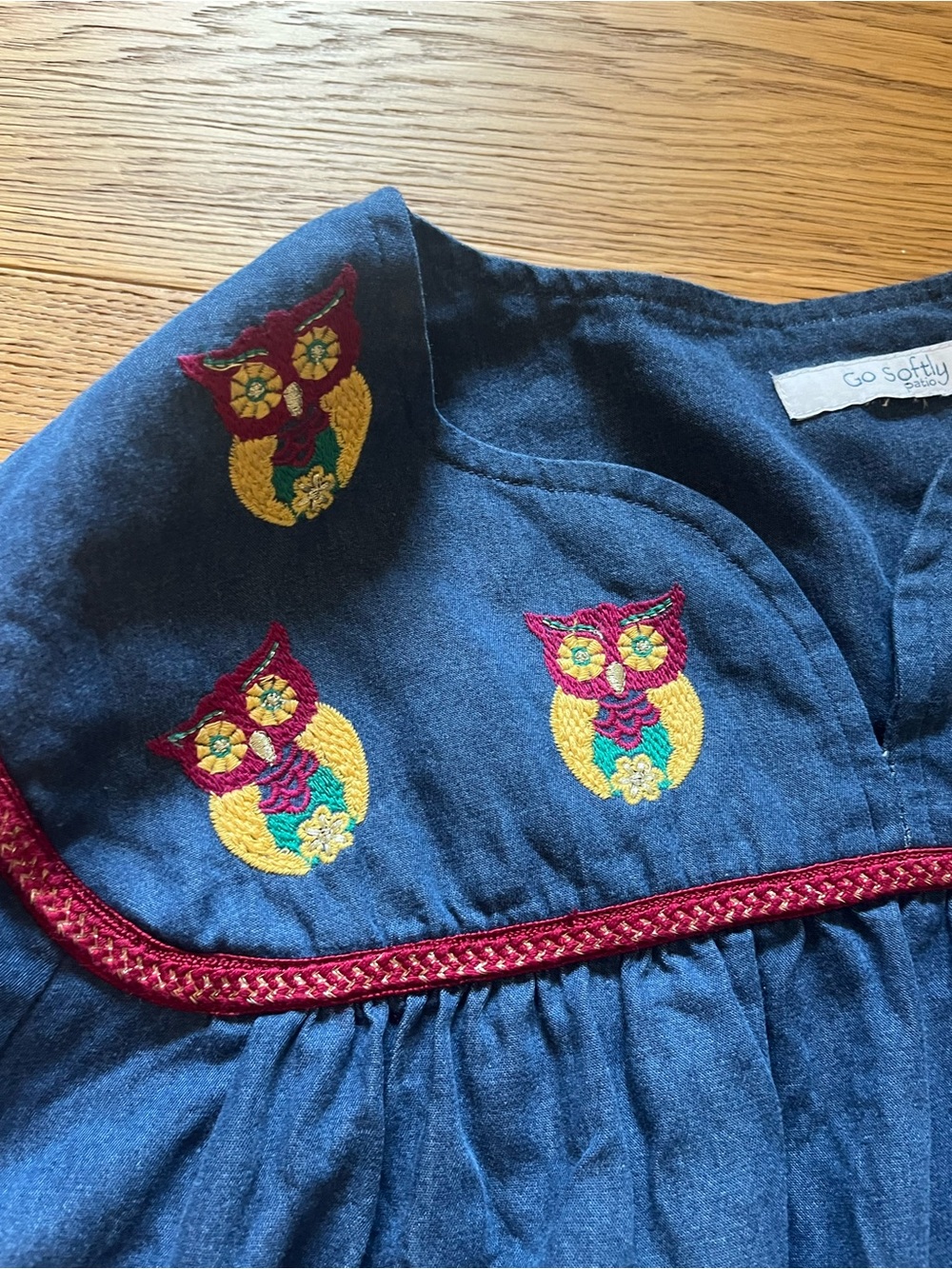 Cottagecore Denim Owl Embroidered Navy Midi Dress with Red Trim - Picture 4 of 6